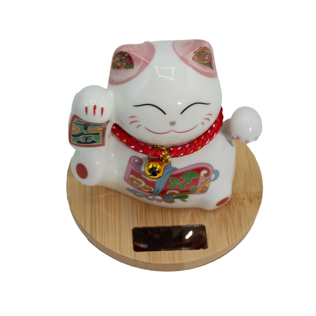 Charming Solar Money Cat with Moving Pink Hand and Wooden Base