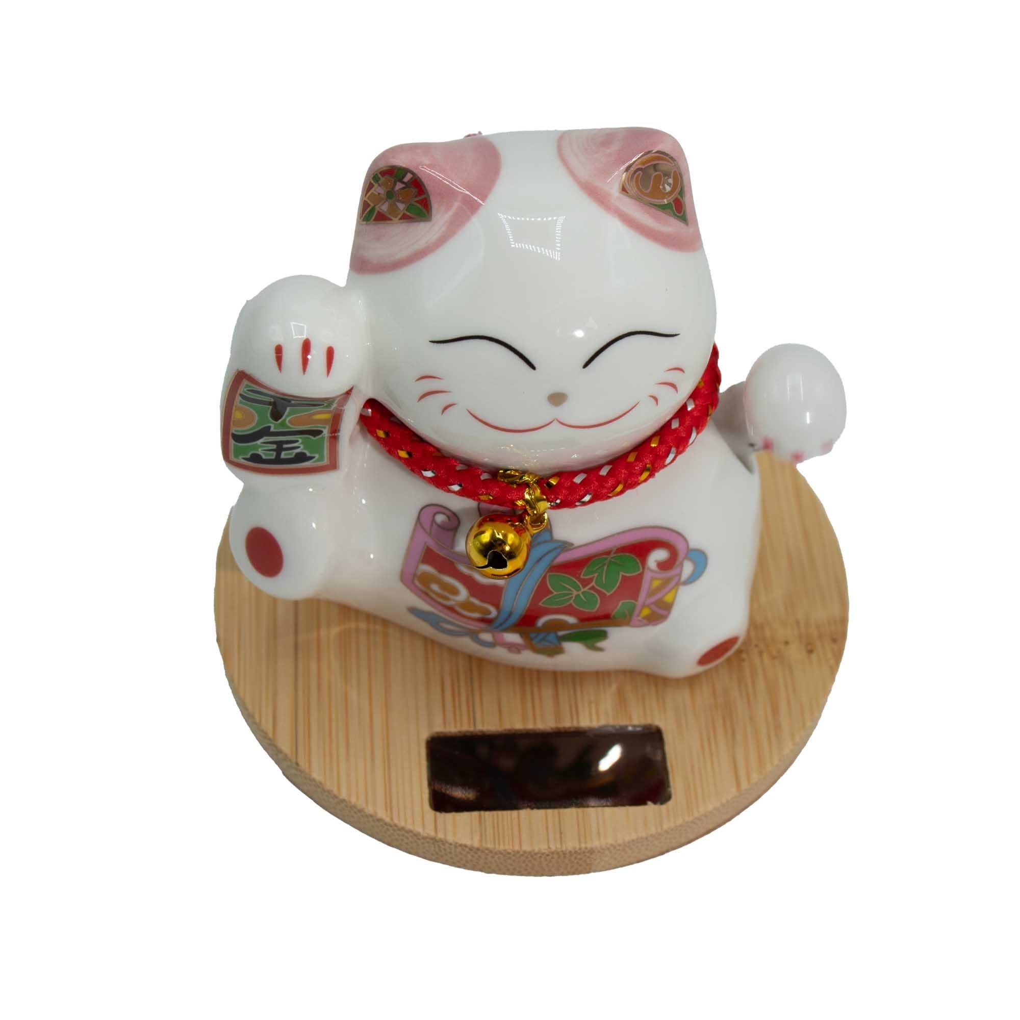 Charming Solar Money Cat with Moving Pink Hand and Wooden Base