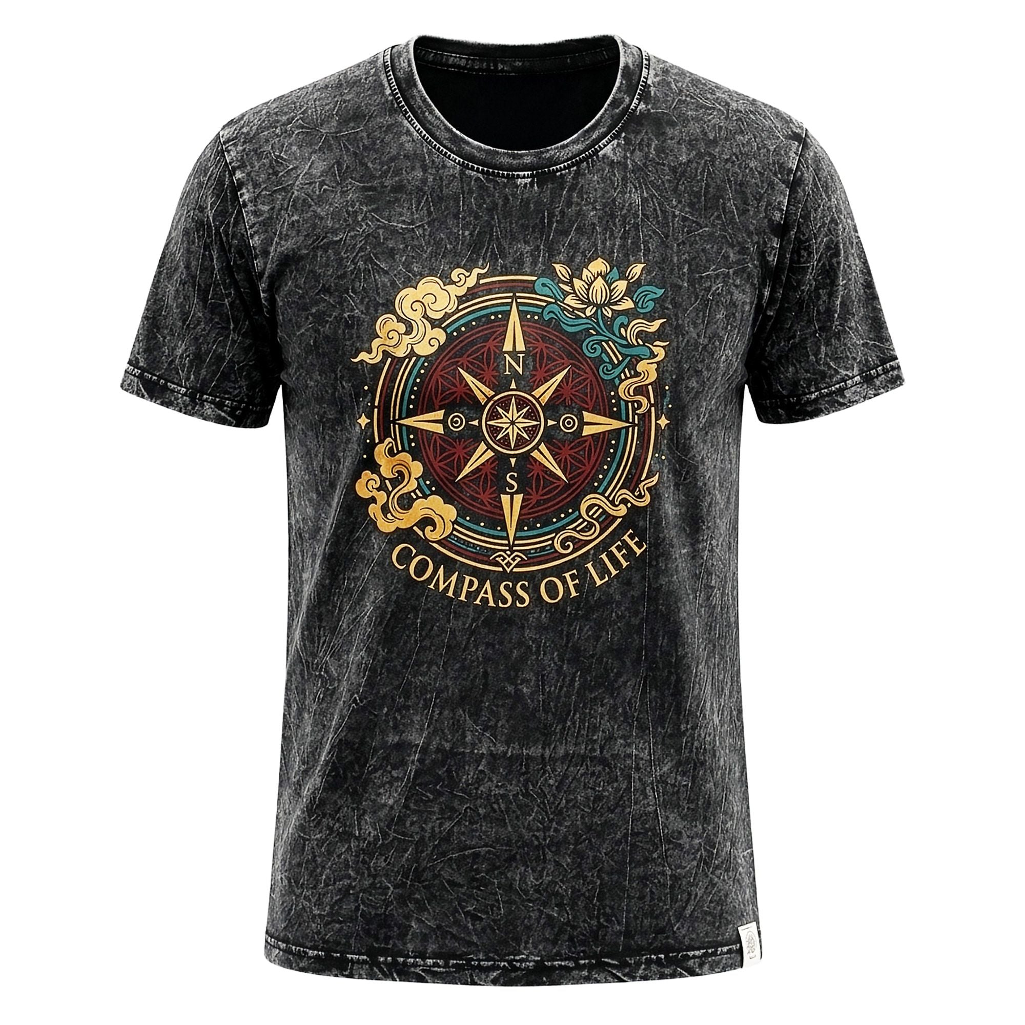 Nomad Sari Stonewashed Cotton T Shirt with Compass Design Charcoal