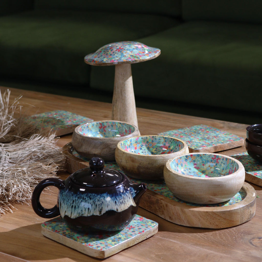 Mango Wood Serving Tray with 3 Ceramic Bowls Mediterranean Design