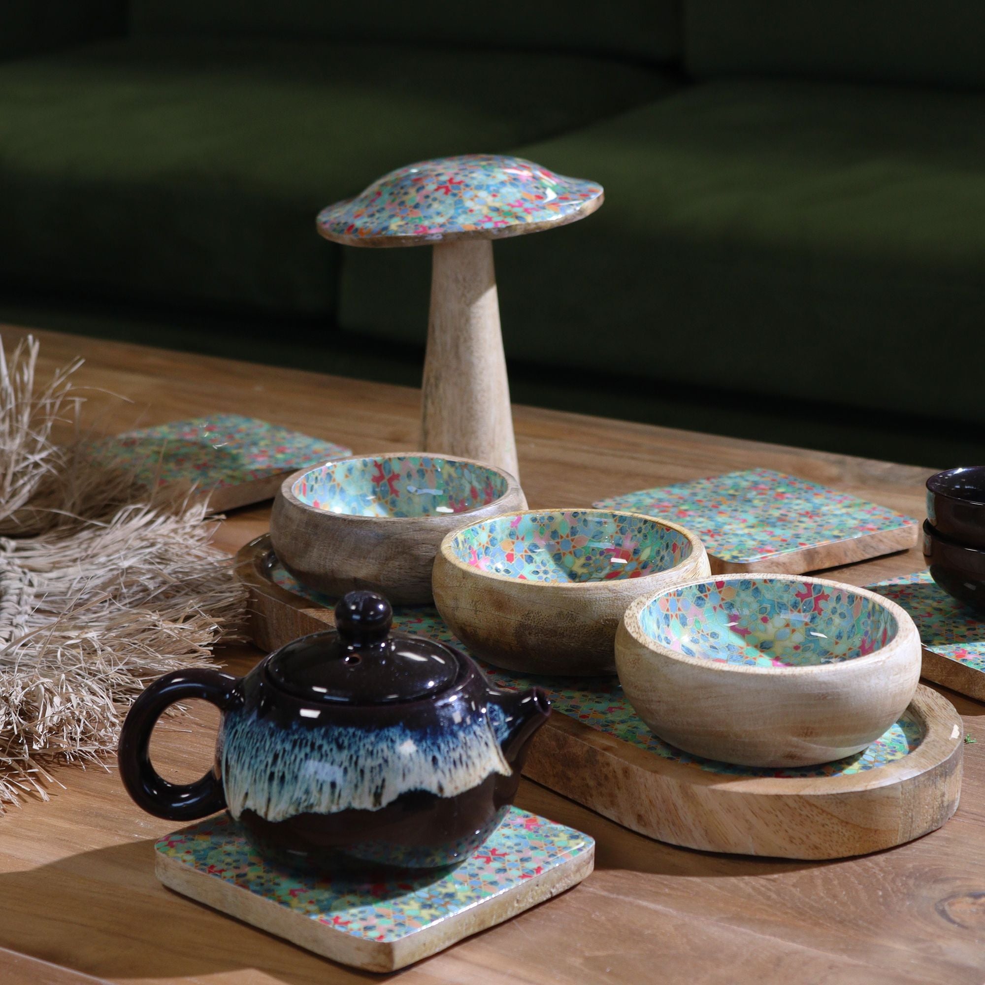 Mango Wood Serving Tray with 3 Ceramic Bowls Mediterranean Design