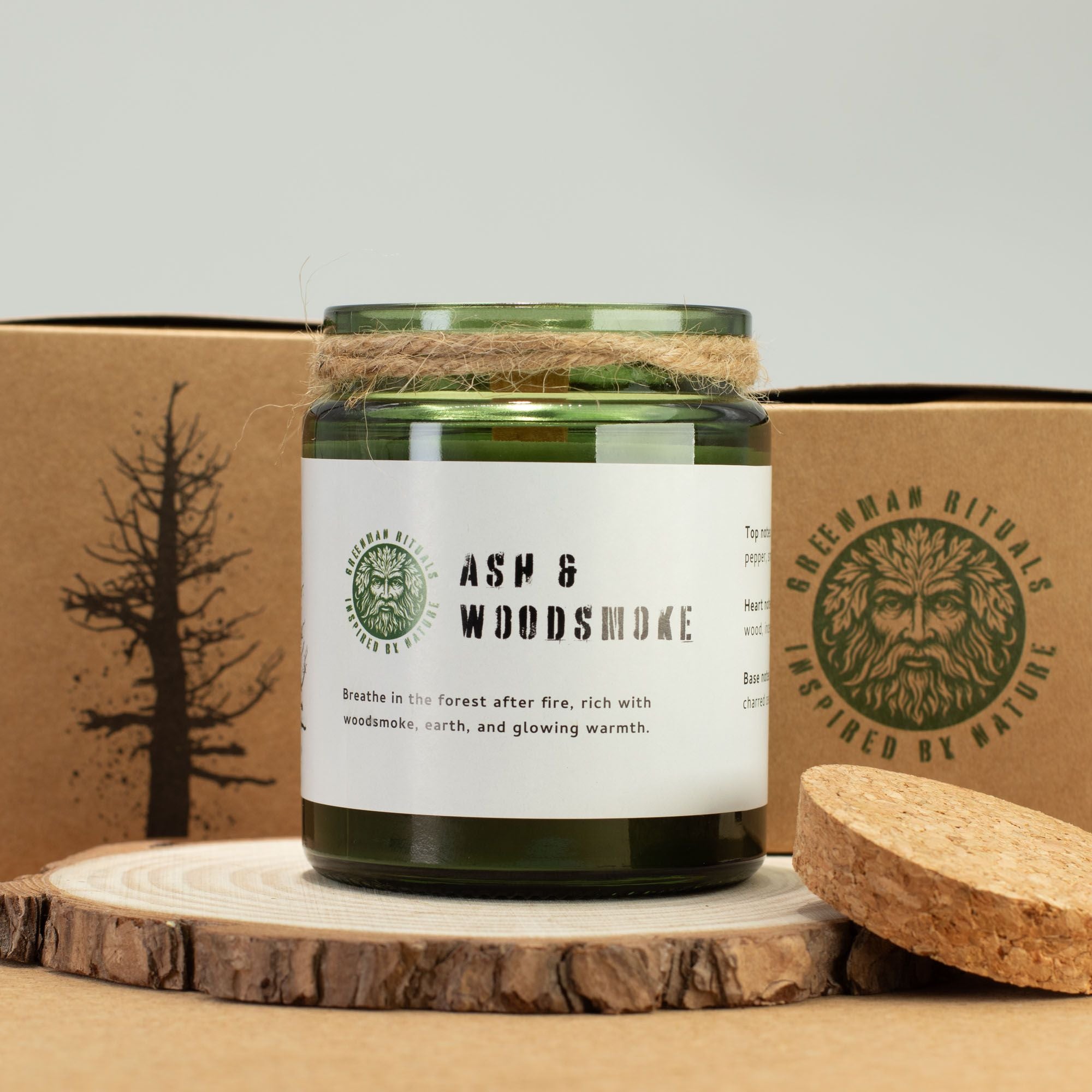 Greenman Woodwick Soy Candle Ash and Woodsmoke in Green Jar