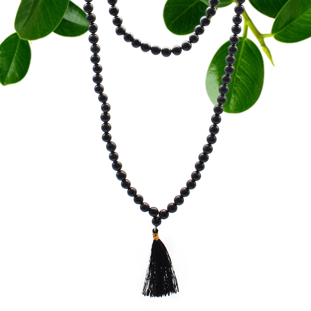 108 Bead Mala with Black Agate Gemstone Beads for Japa Practice