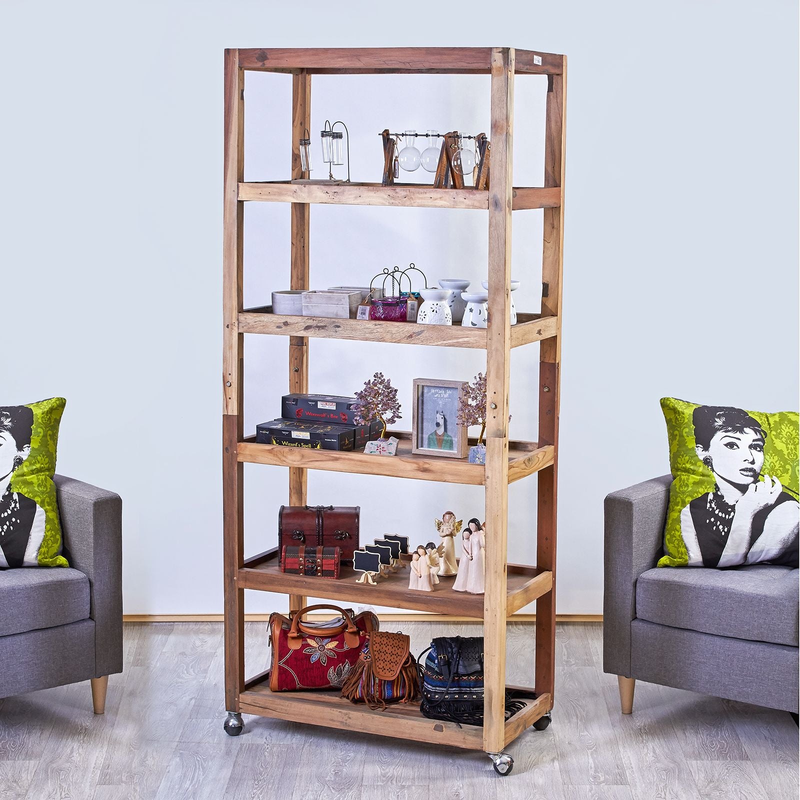 Six Shelf Display with Casters Stylish Recycled Wood Storage