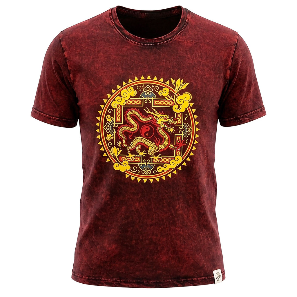 Nomad Sari Stonewashed Cotton T Shirt with Dragon Mandala Design