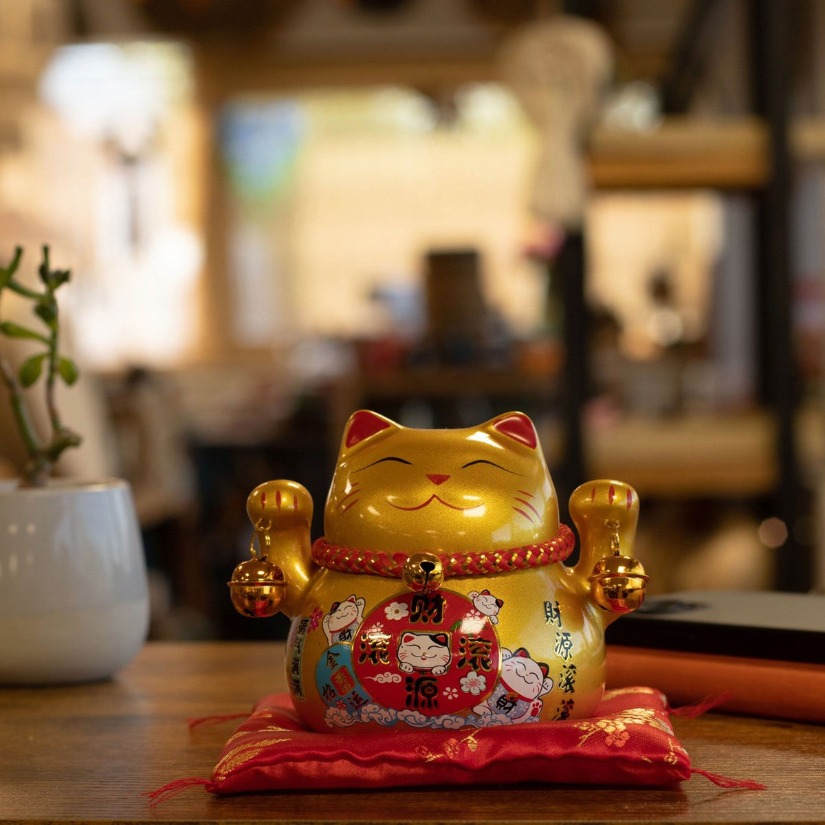 Japanese Lucky Cat Ceramic Money Box on Cushion – Gold