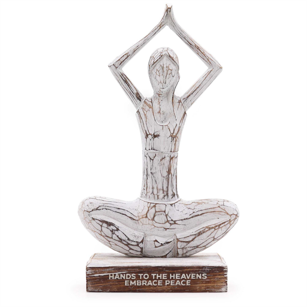 Wooden Yoga Lady in Whitewash Finish Hands Up Pose for Decor