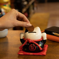 Japanese Lucky Cat Ceramic Money Box on Cushion – Black