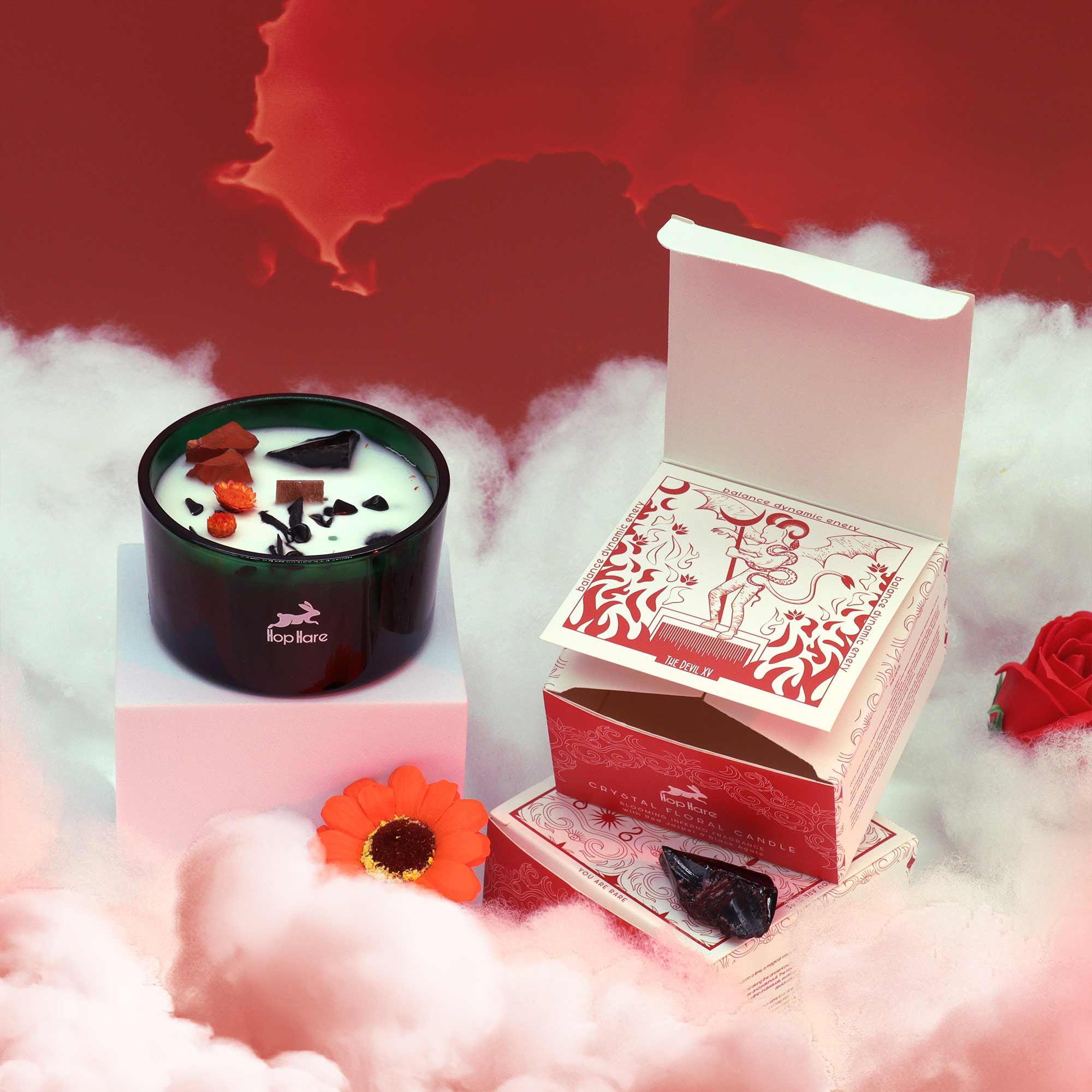 Crystal Magic Flower Candle The Devil with Red Jasper Energy
