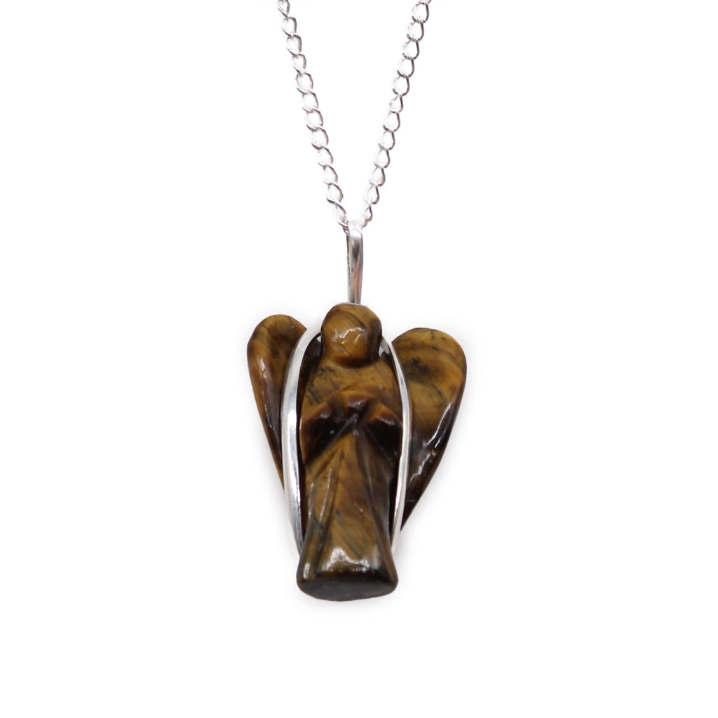 Gemstone Guardian Angel Pendant with Tiger Eye and Silver Chain