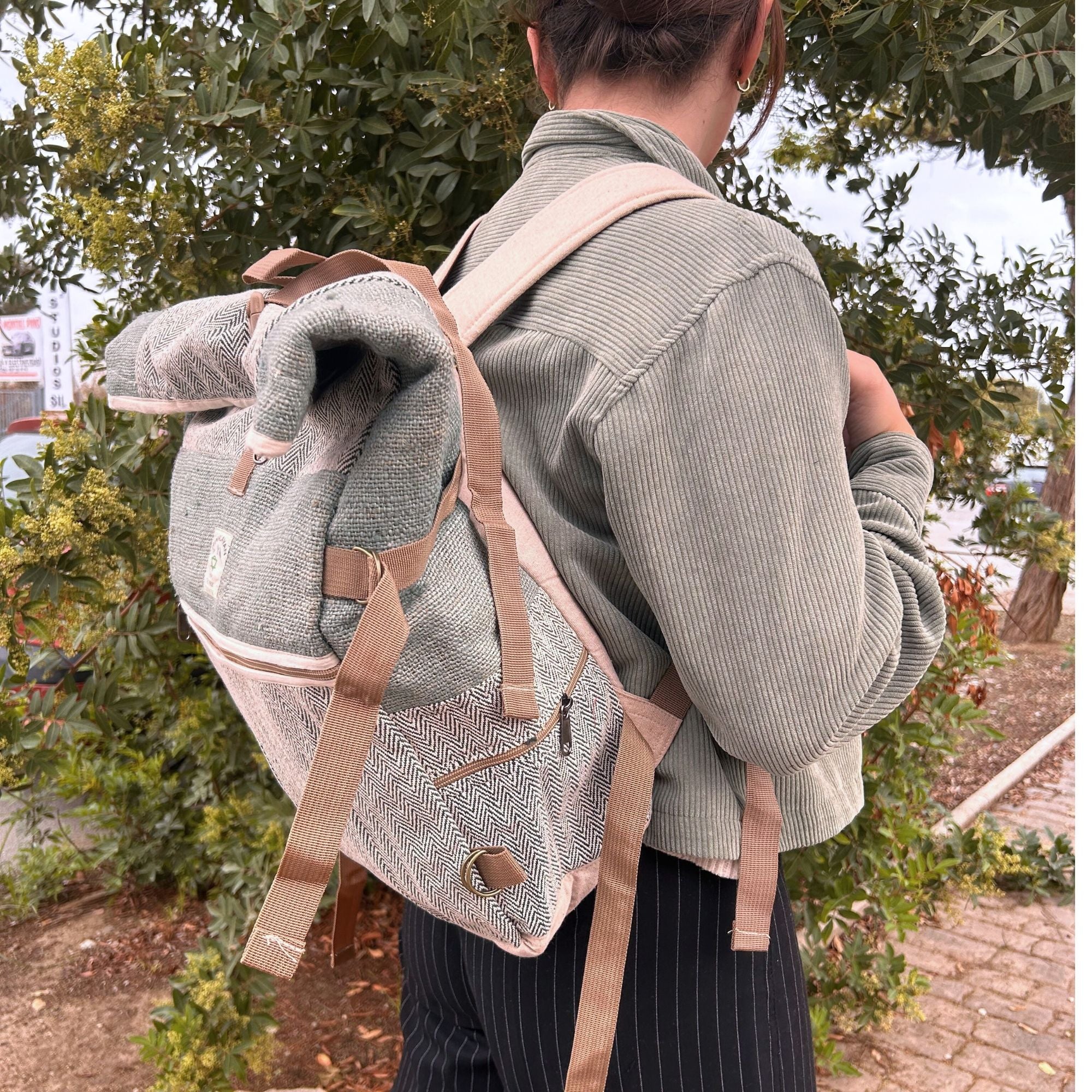 Hemp Trekking Rolling Backpack in Sage Colour for Outdoor Adventures