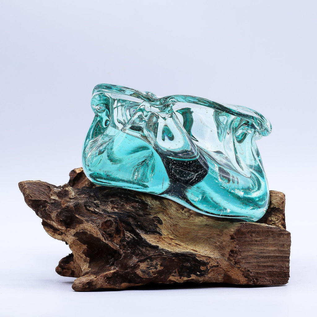 Molten Glass Chunky Ashtray and Candle Holder on Wood Base 23cm