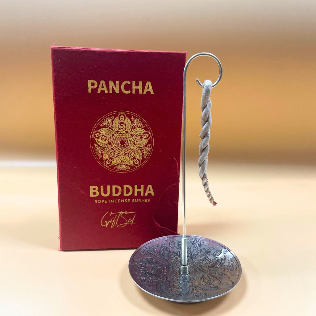 Rope Incense and Silver Plated Holder Set with Pancha Buddha Design