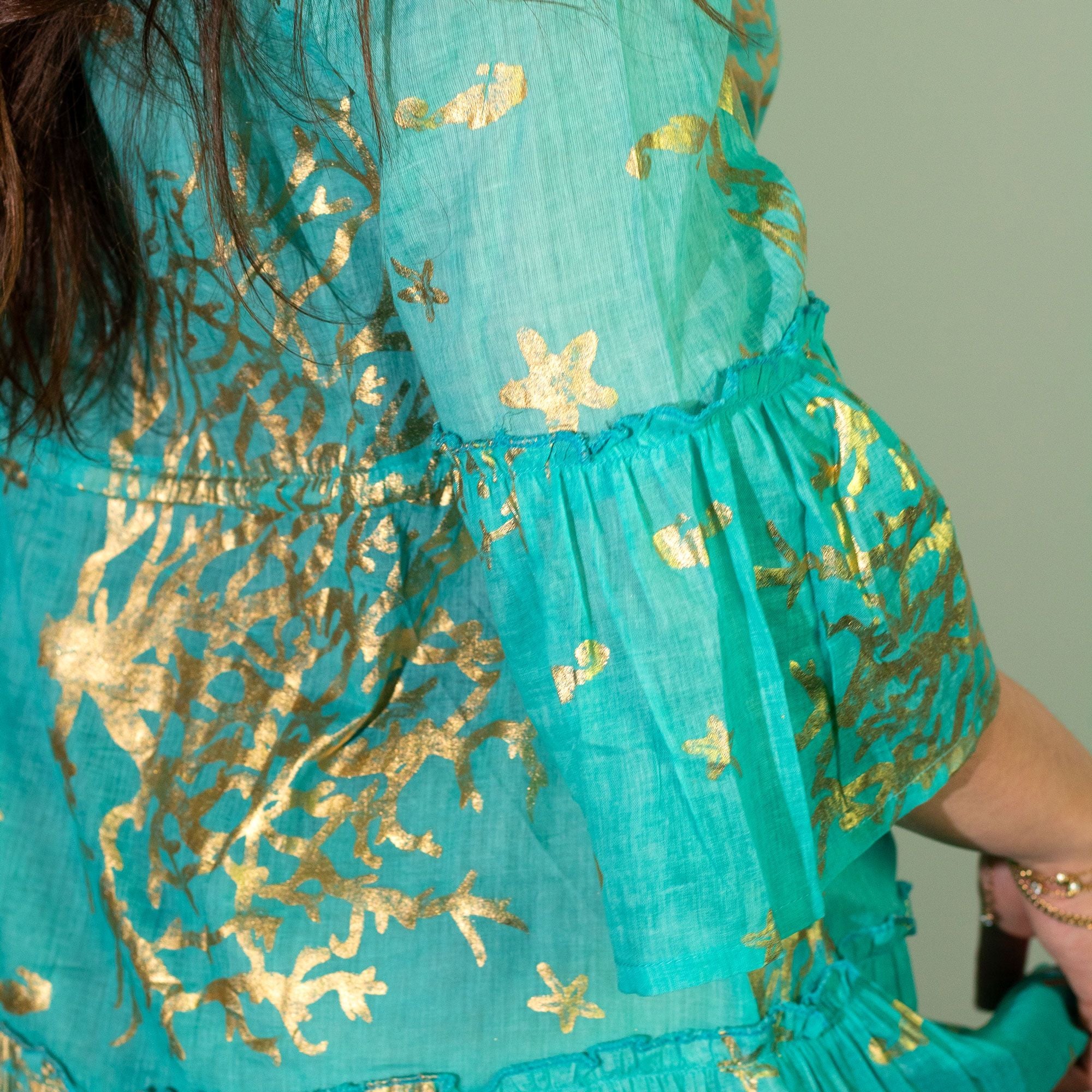 Nomad Sari Turquoise & Gold Coral Print Dress for Summer Wear
