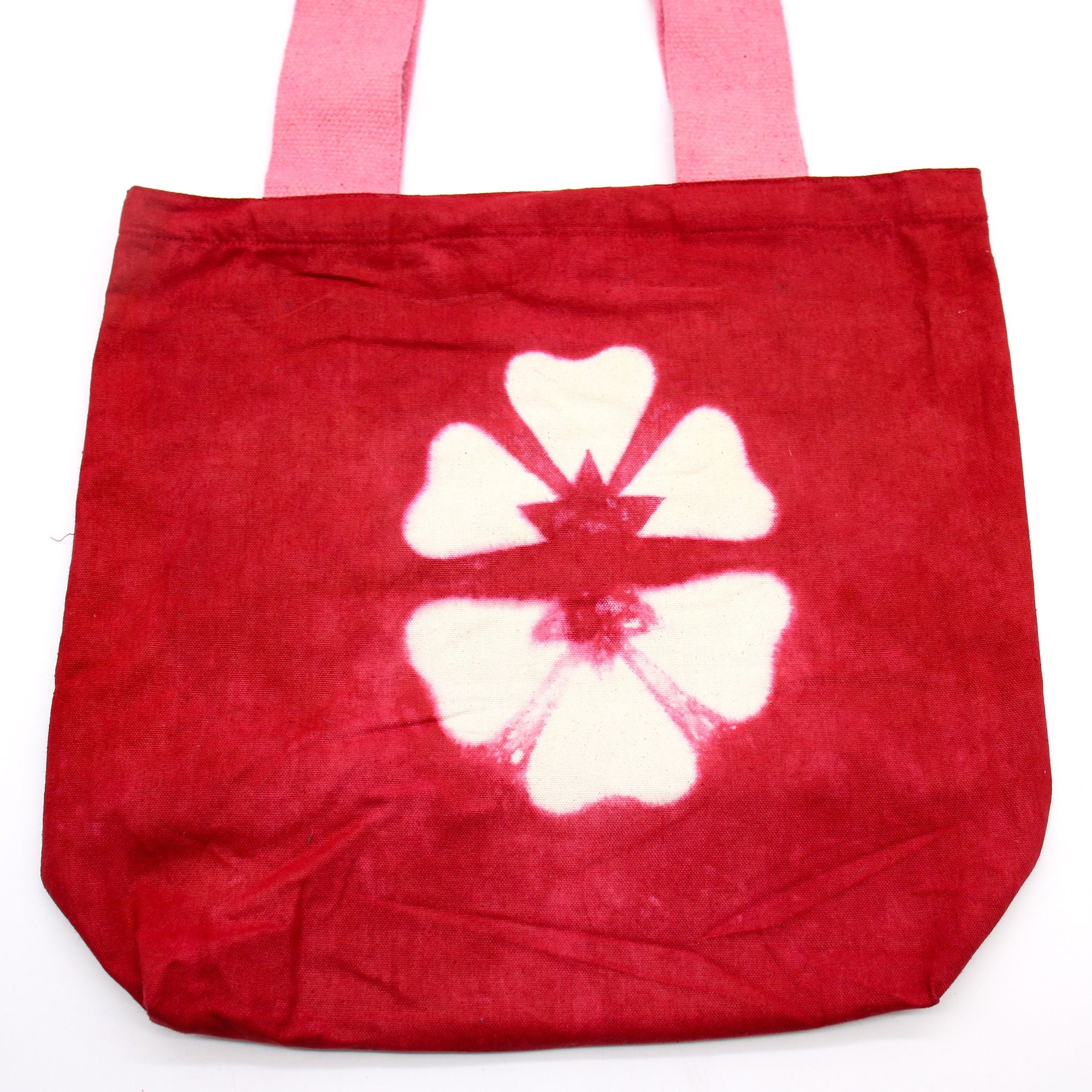 Natural Tye Dye Cotton Bag with Maroon Flower and Pink Handle