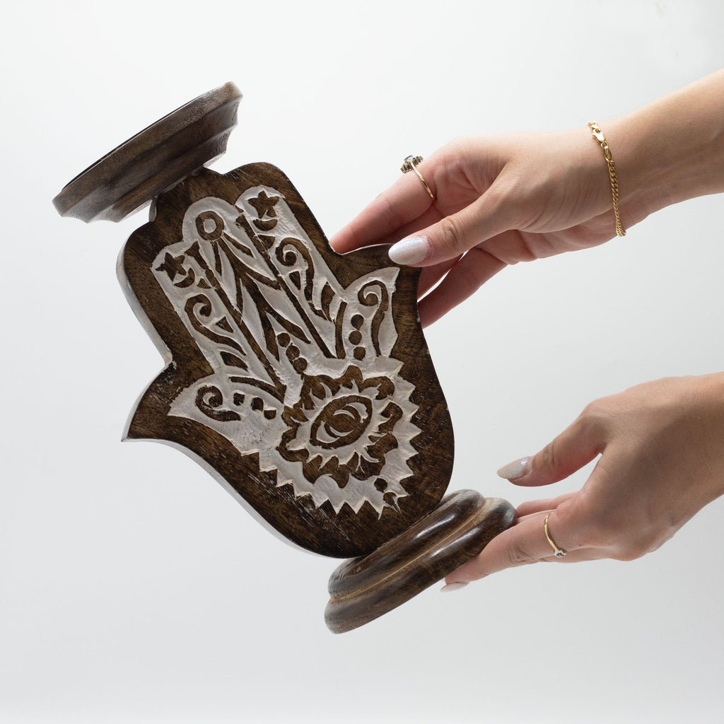 Large Hamsa Candle Stand in Mango Wood for Unique Home Decor