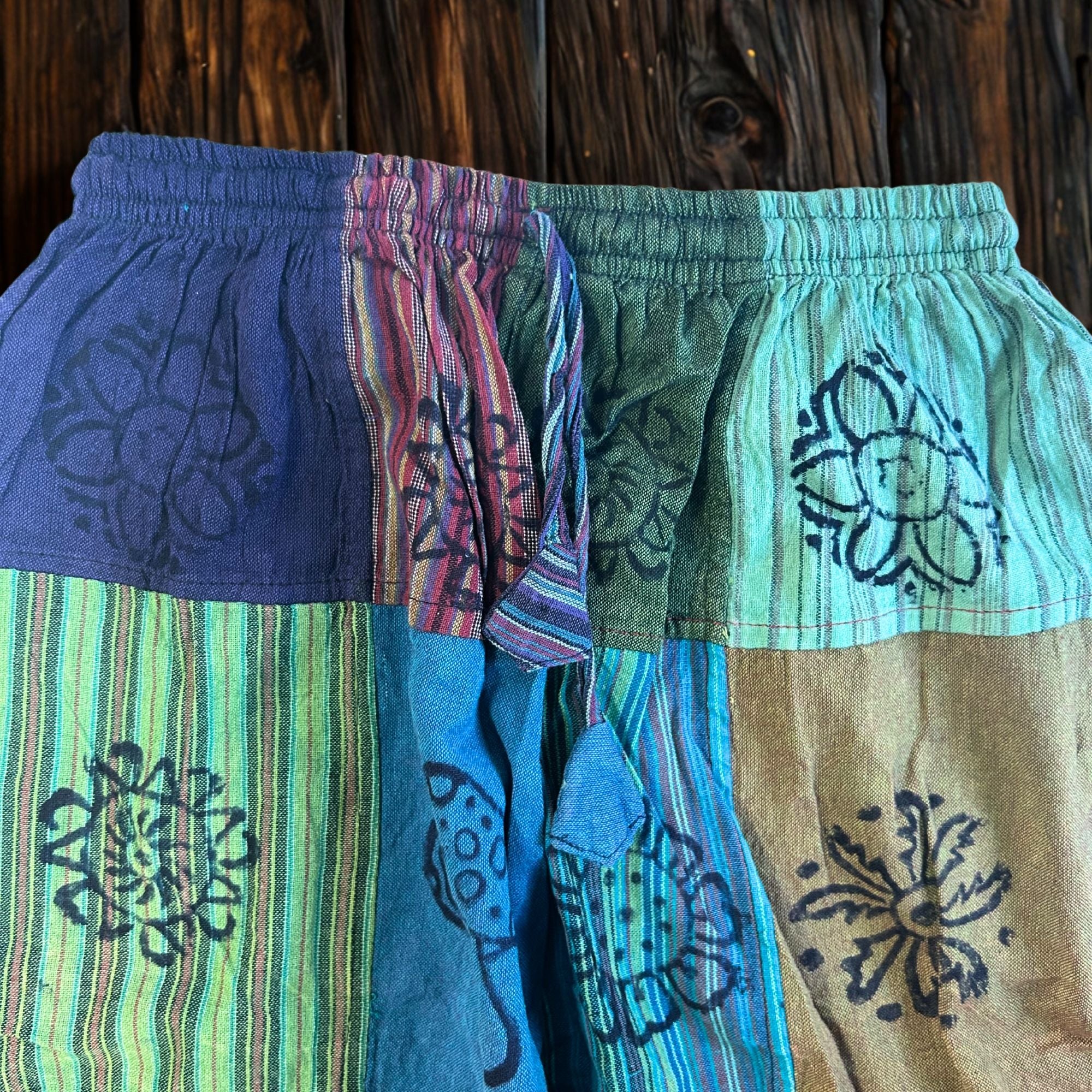 Nomad Sari Mushroom Pants with Block Print Design in Green Tones