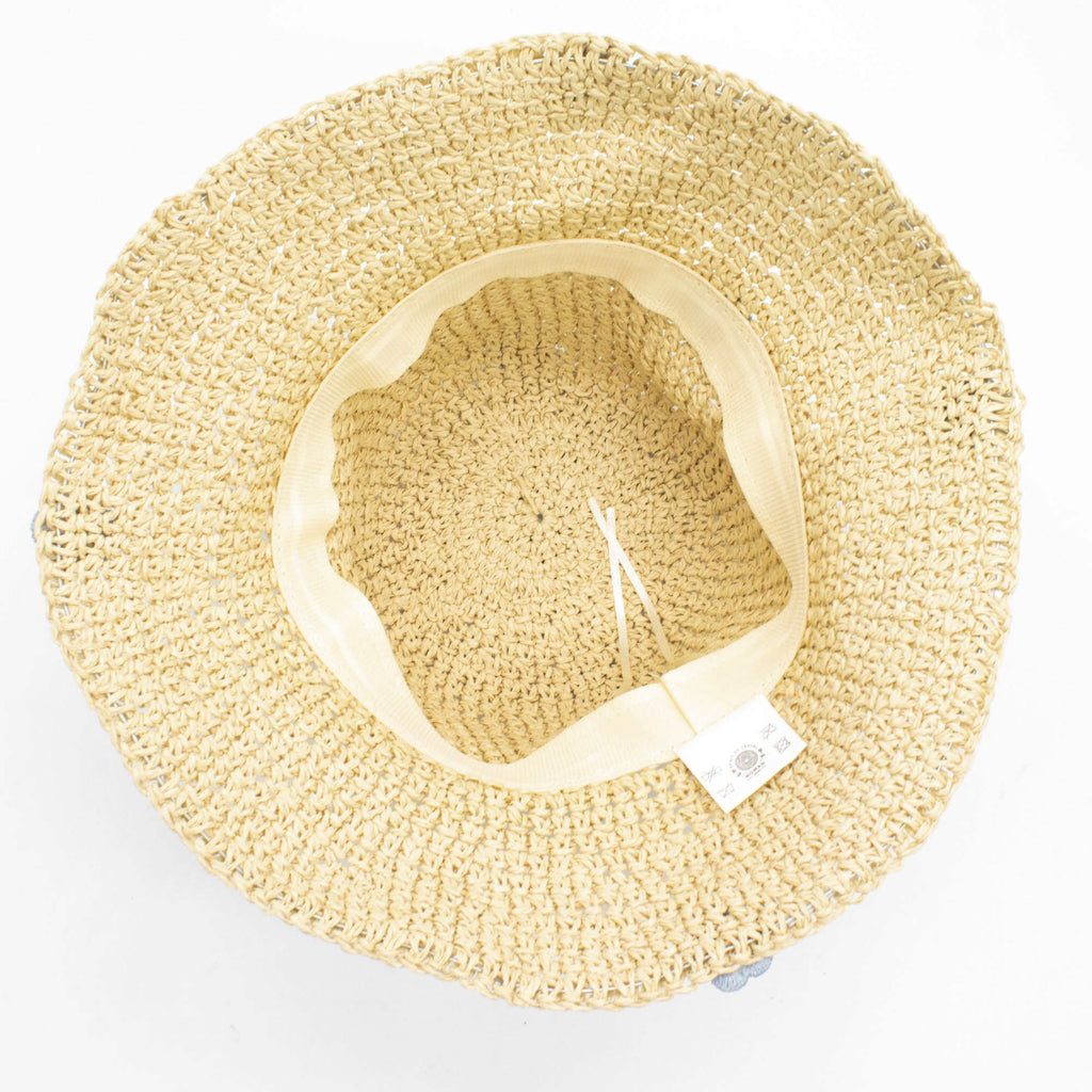 Nomad Sari Floppy Straw Sun Hat Beige with Blue Floral Accents