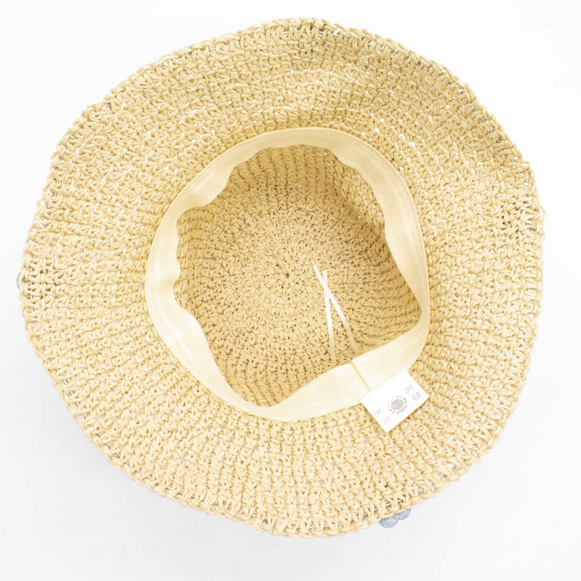 Nomad Sari Floppy Straw Sun Hat Beige with Blue Floral Accents
