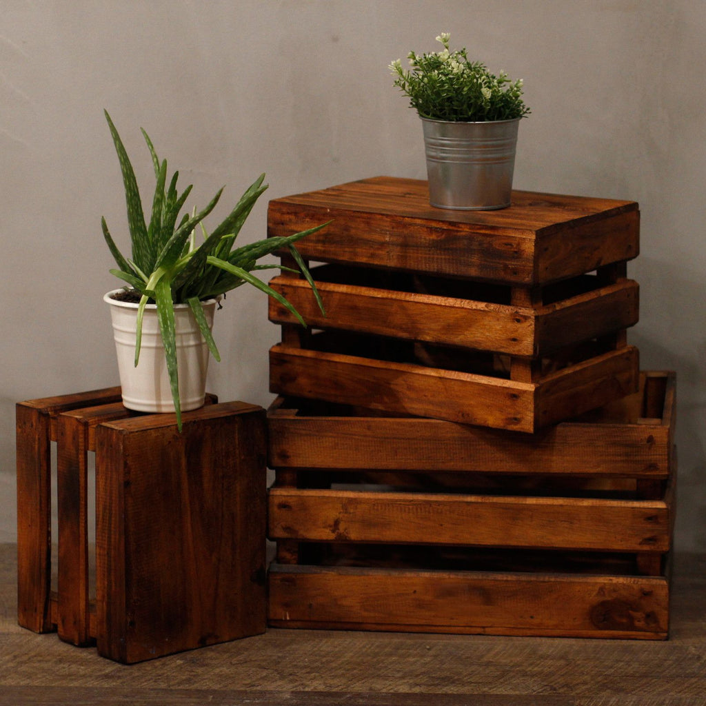 Wooden Storage Crates Set of 3 in Brown for Home Organisation