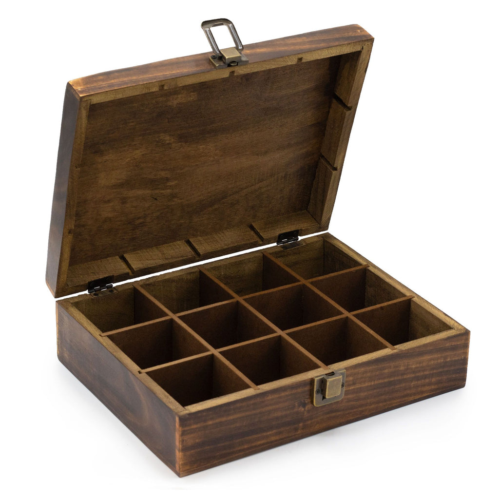 Mango Carved Tea Box with 12 Compartments for Organising Tea