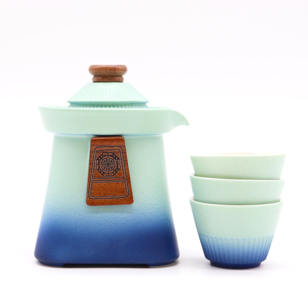 Temple Teapot Set with Three Cups in Blue Heaven for Tea Lovers