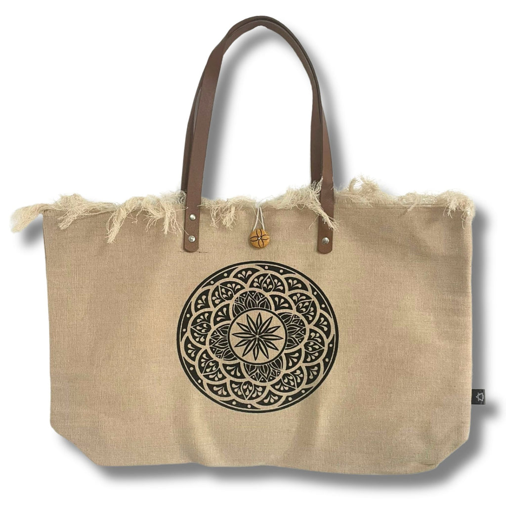 Natural Tote Bag with Leather Handle and Unique Mandala Design