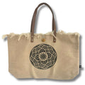 Natural Tote Bag with Leather Handle and Unique Mandala Design