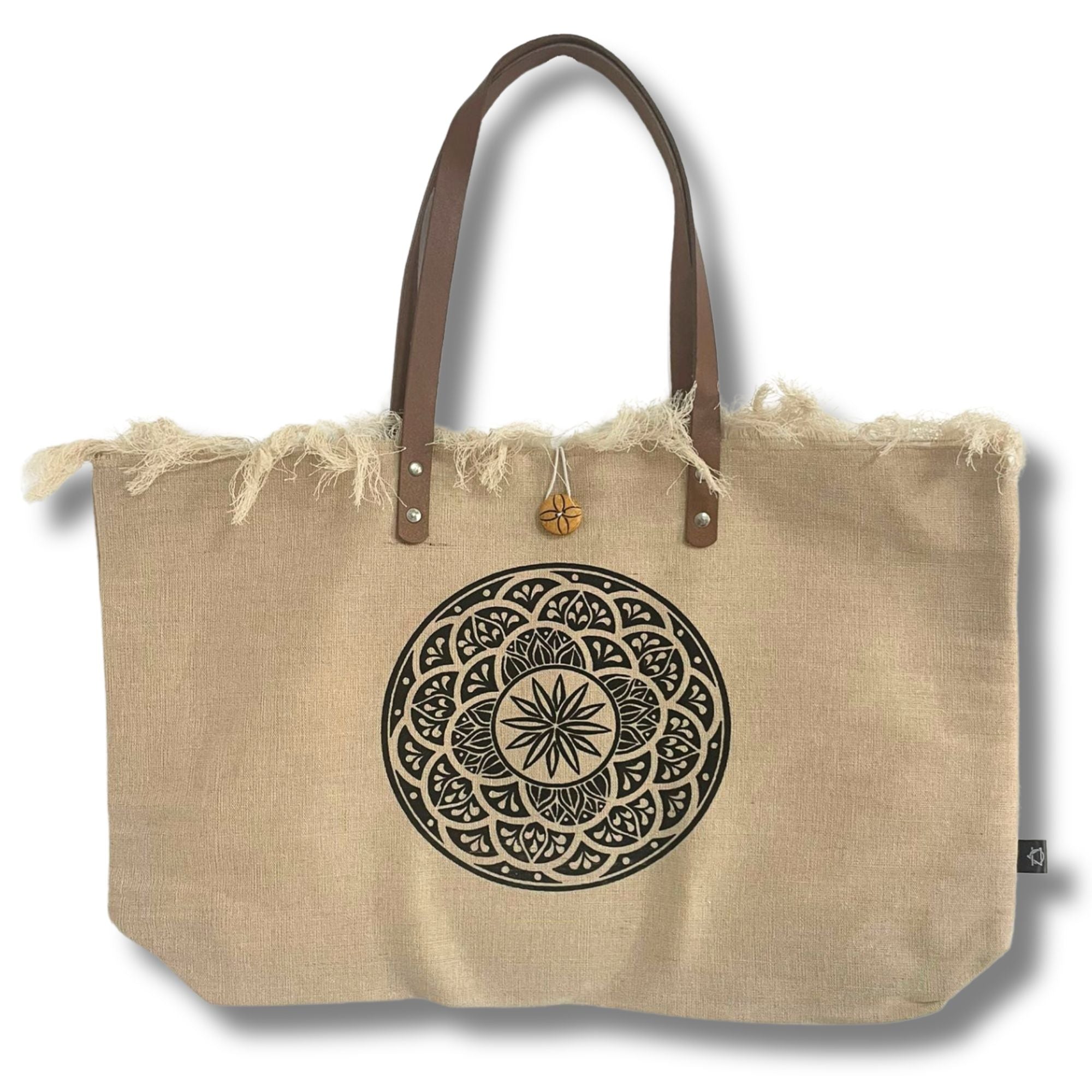 Natural Tote Bag with Leather Handle and Unique Mandala Design