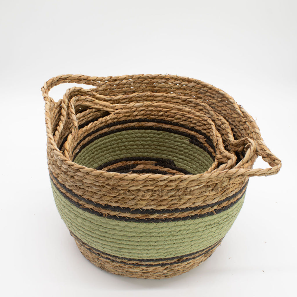 Cotton & Seagrass Large Baskets Natural Black & Green Set of 3