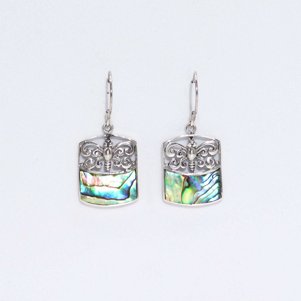 Shell & Silver Earrings with Dragonfly Design and Abalone Detail