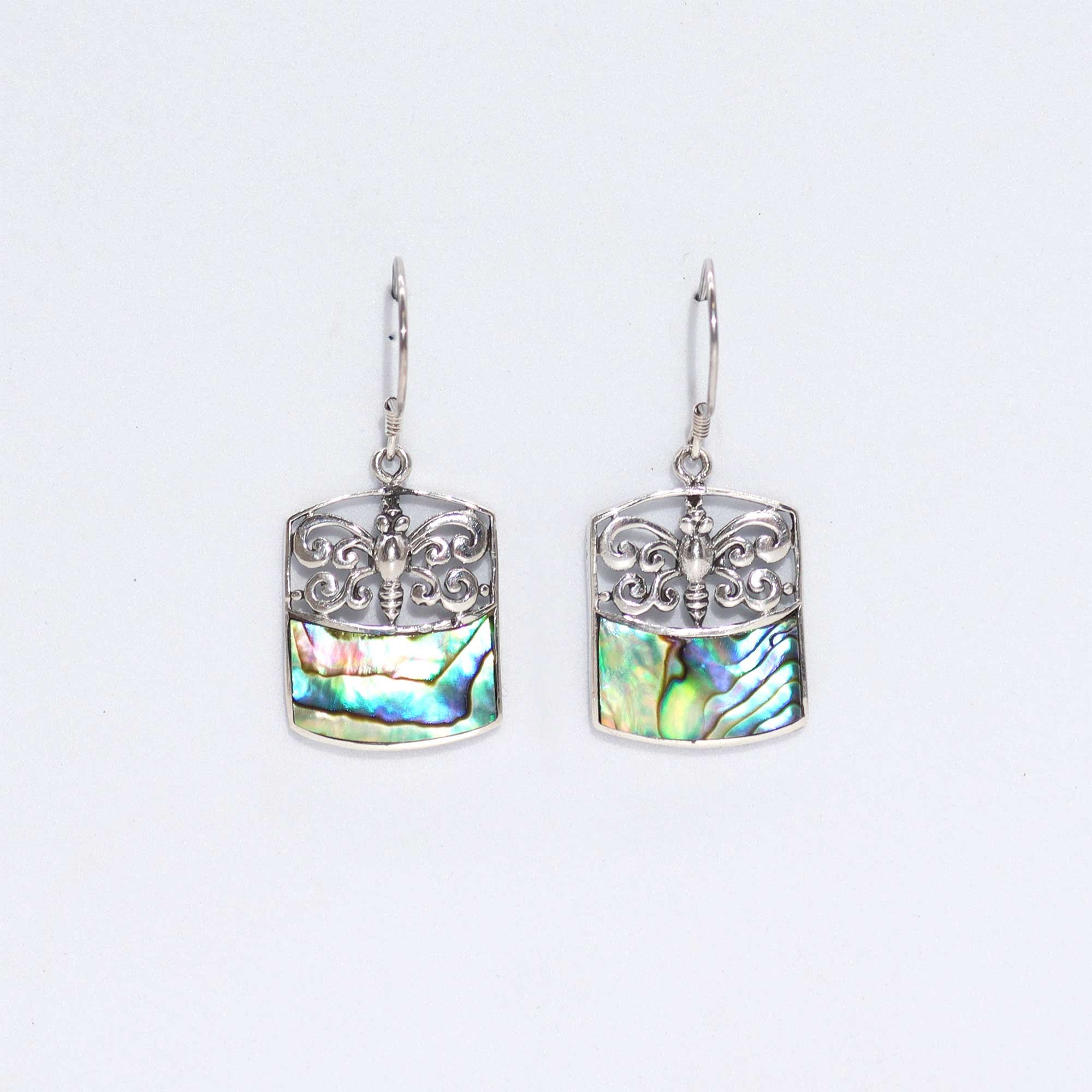 Shell & Silver Earrings with Dragonfly Design and Abalone Detail