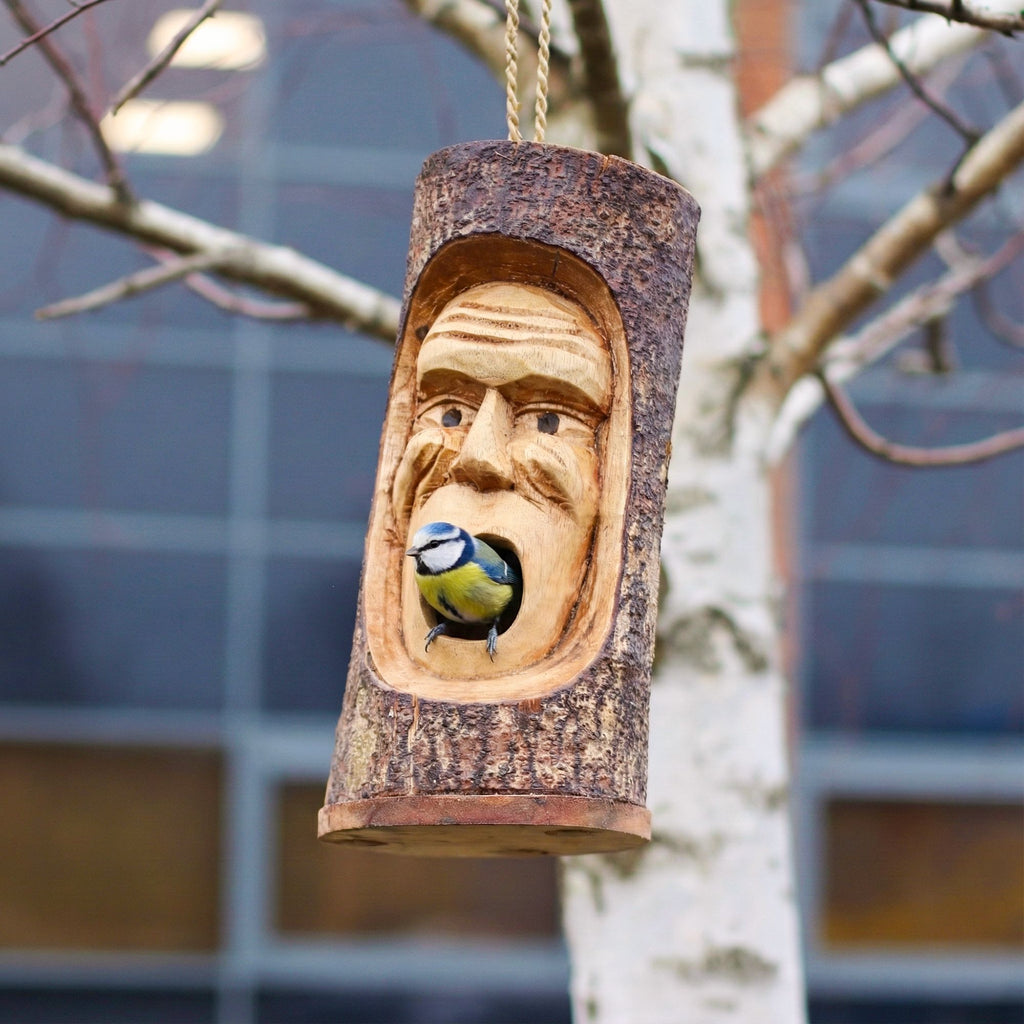 Tree Trunk Face Bird House Grumpy Old Man for Your Outdoor Space