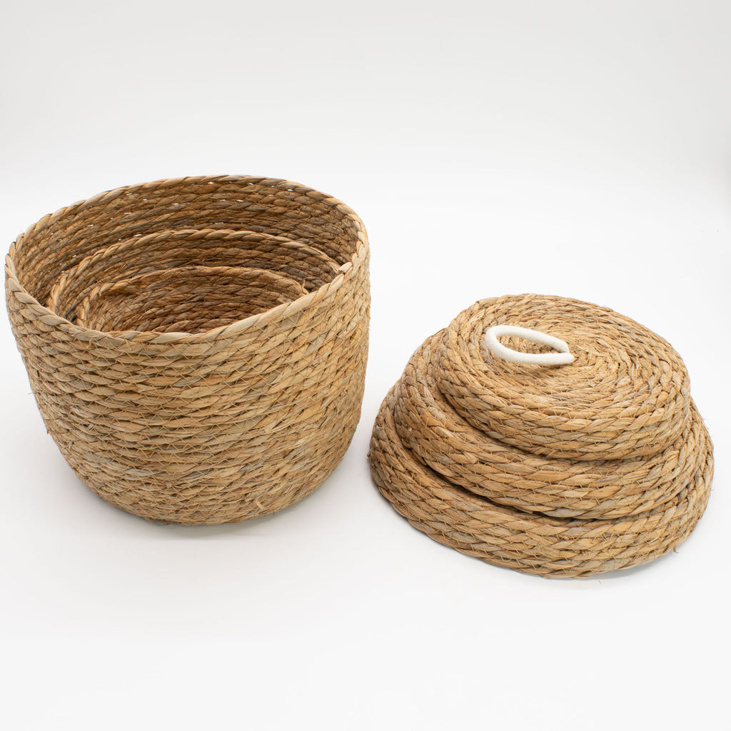 Natural Seagrass and Cotton Round Baskets with Lids Set of 3