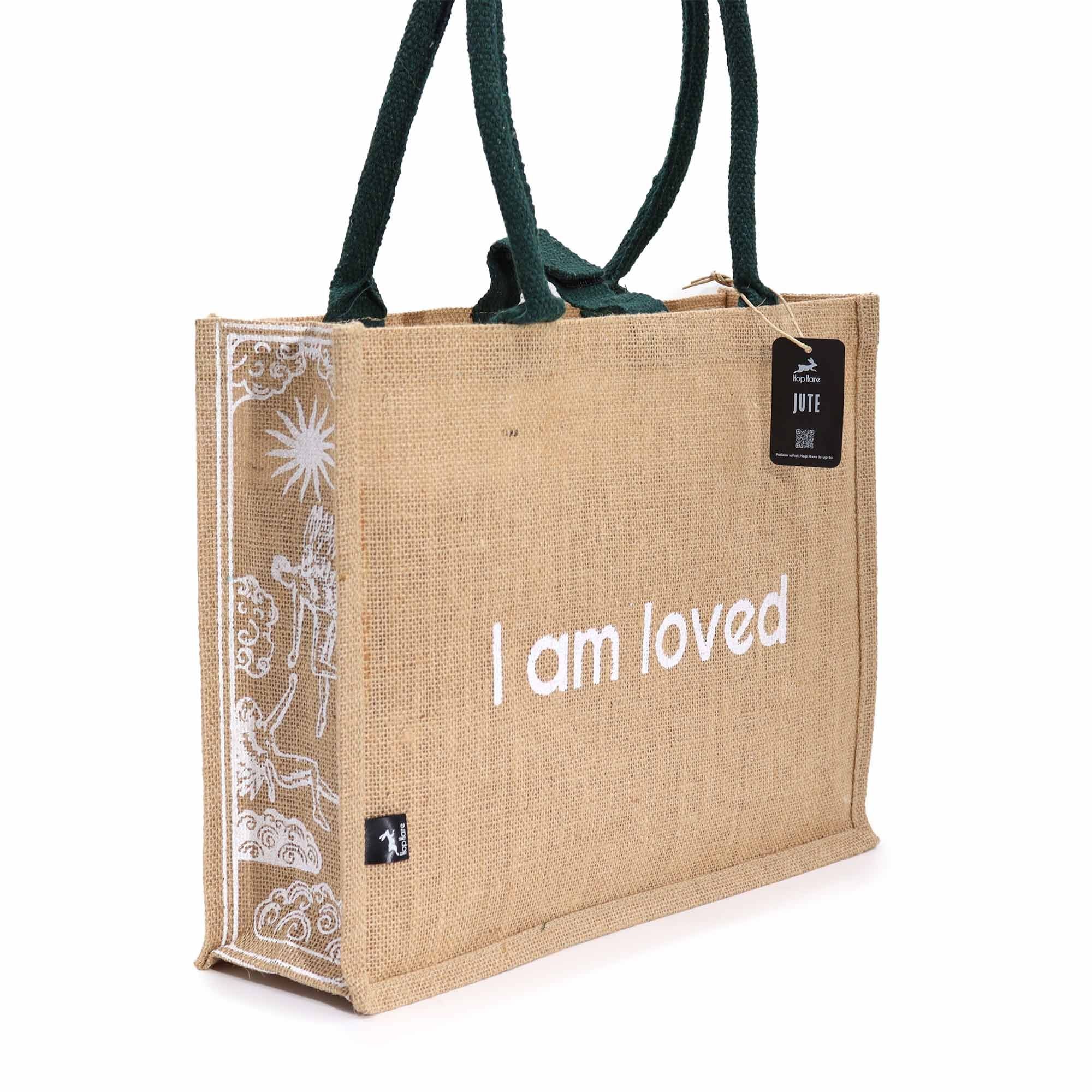 Hop Hare Jute Big Bag with I Am Loved Design for Daily Use