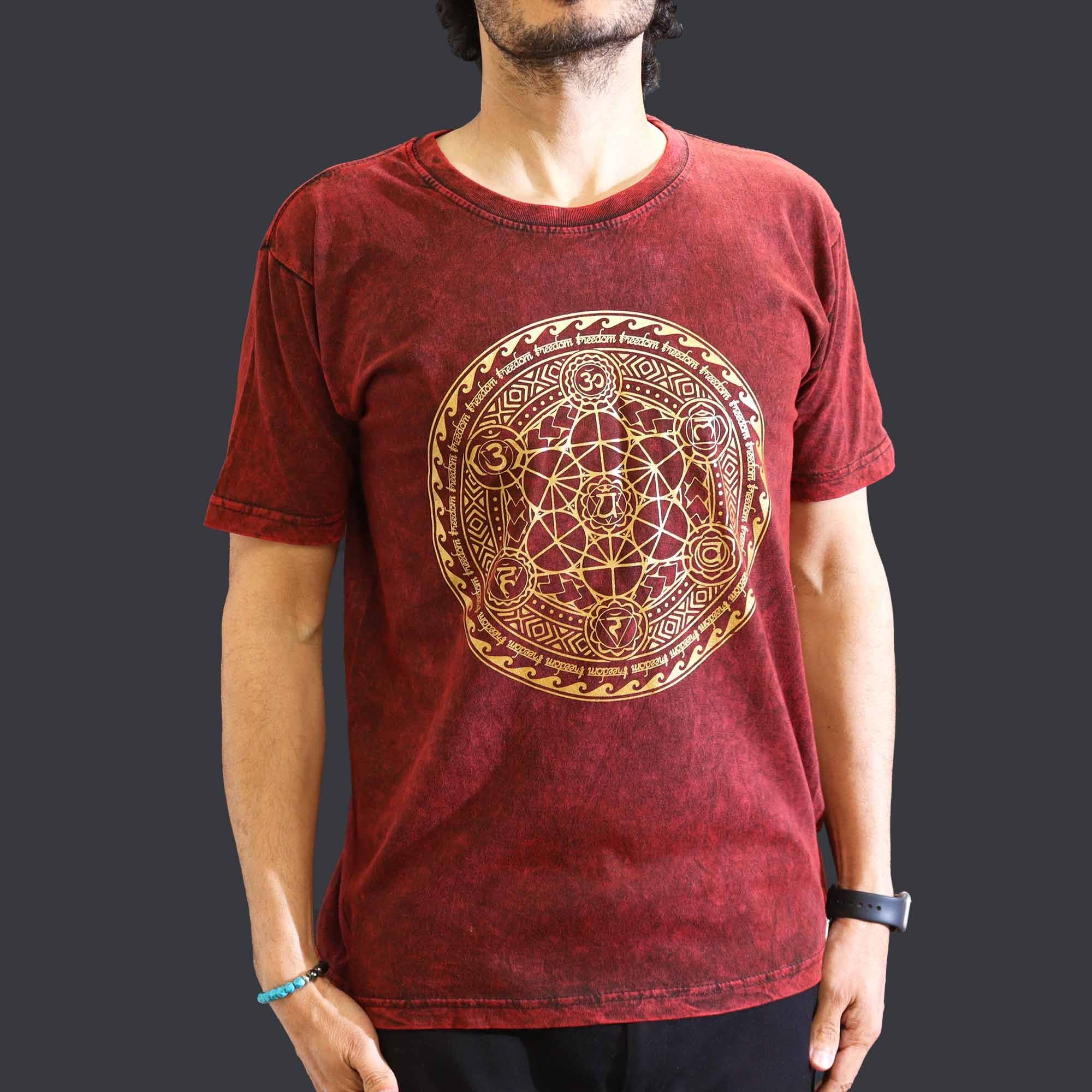 Nomad Sari Stonewashed Cotton T Shirt with Chakra Design in Maroon