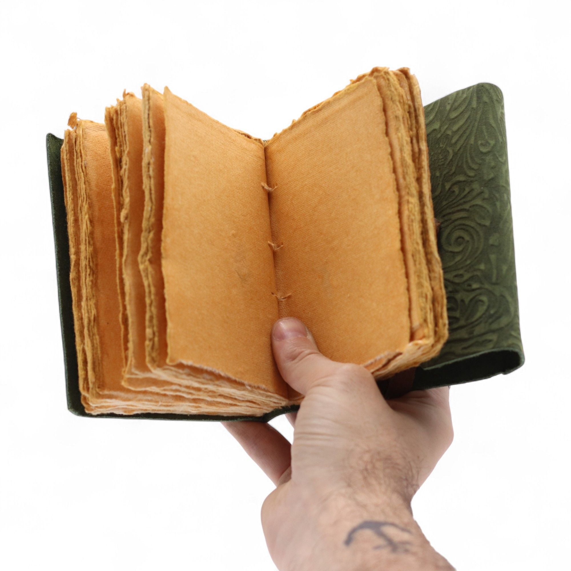 Fat Deckled Leather Notebook with Green Maze Pattern for Writing