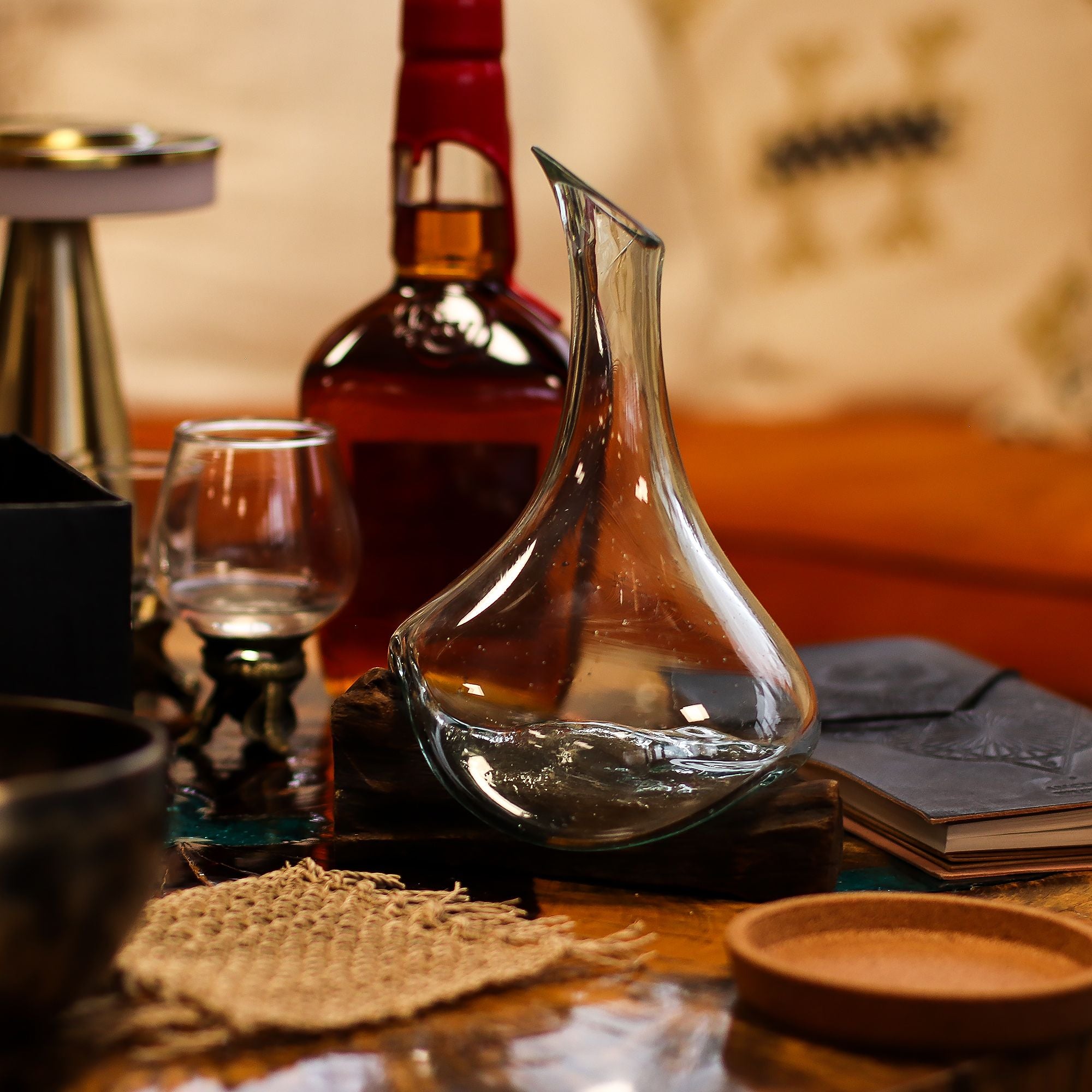 Molten Glass Mini Decanter on Wood Base for Home Display