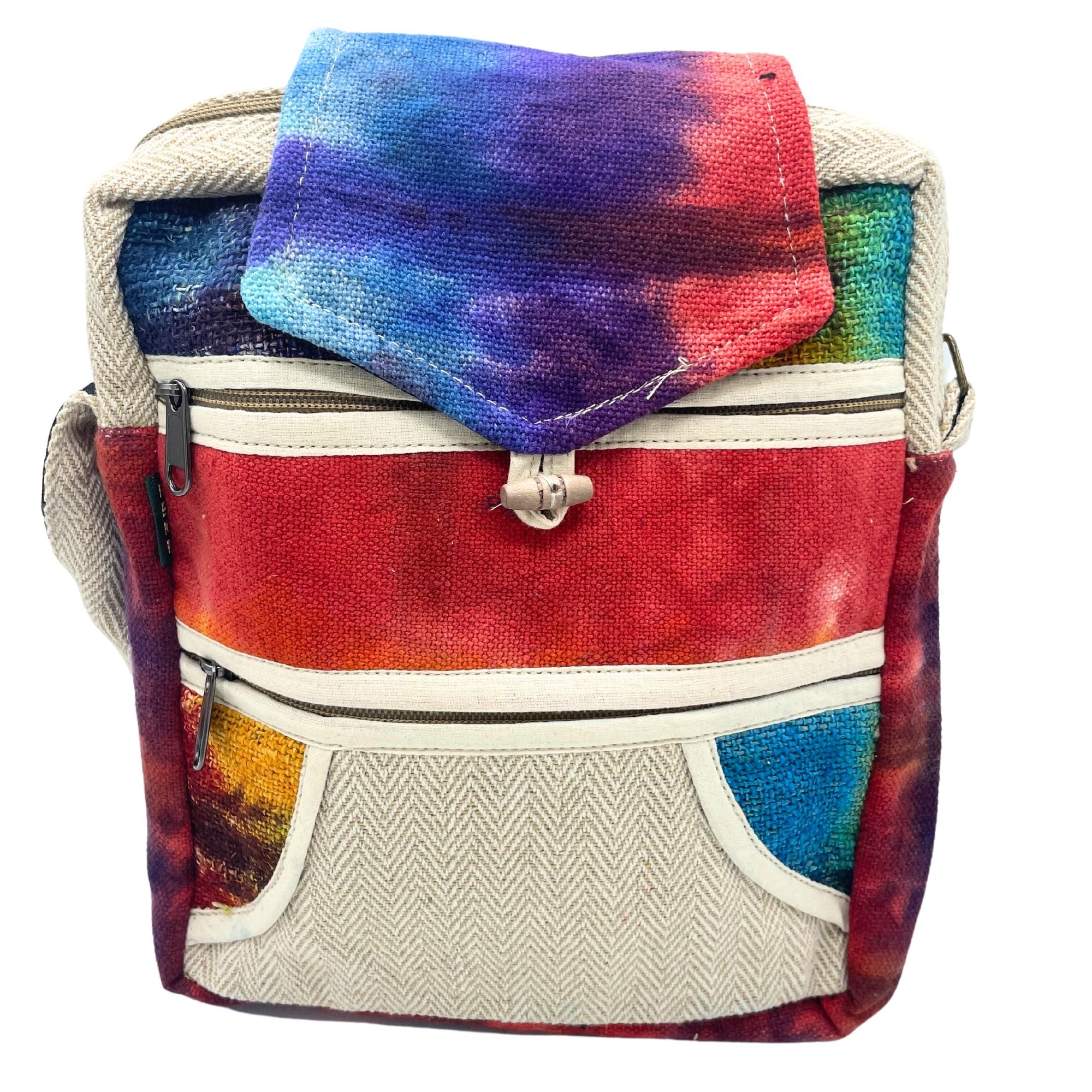 Tiedye Hemp Messenger Bag with 2 Zips & Flap for Everyday Use