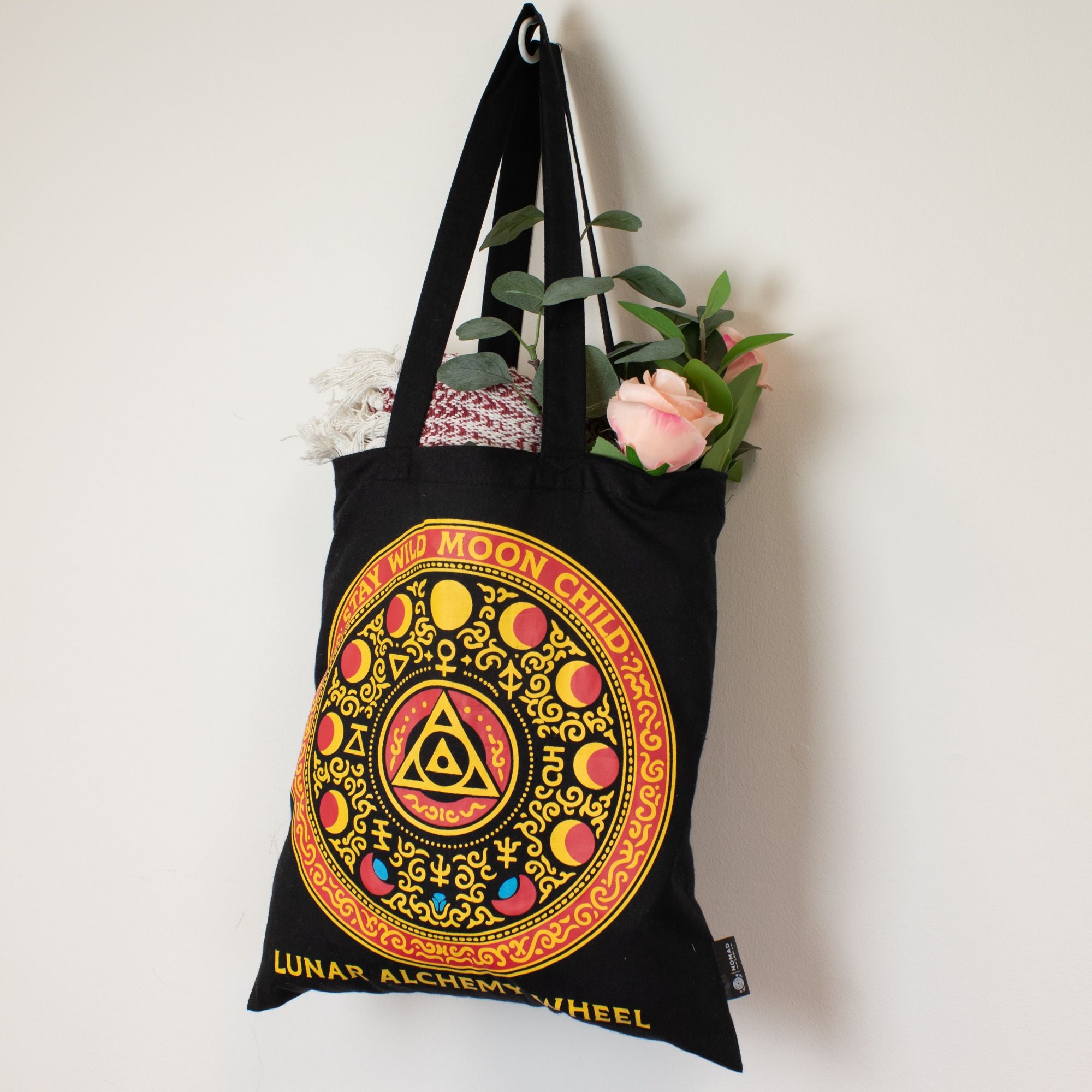 Iconic Classic Tote Bag with Luna Alchemy Wheel Design in Black