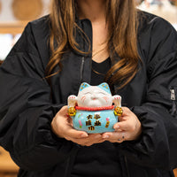 Japanese Lucky Cat Ceramic Money Box on Cushion – Blue