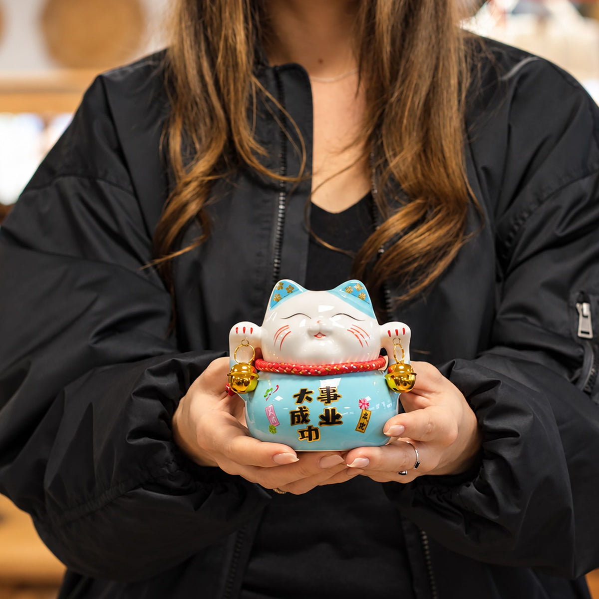 Japanese Lucky Cat Ceramic Money Box on Cushion – Blue