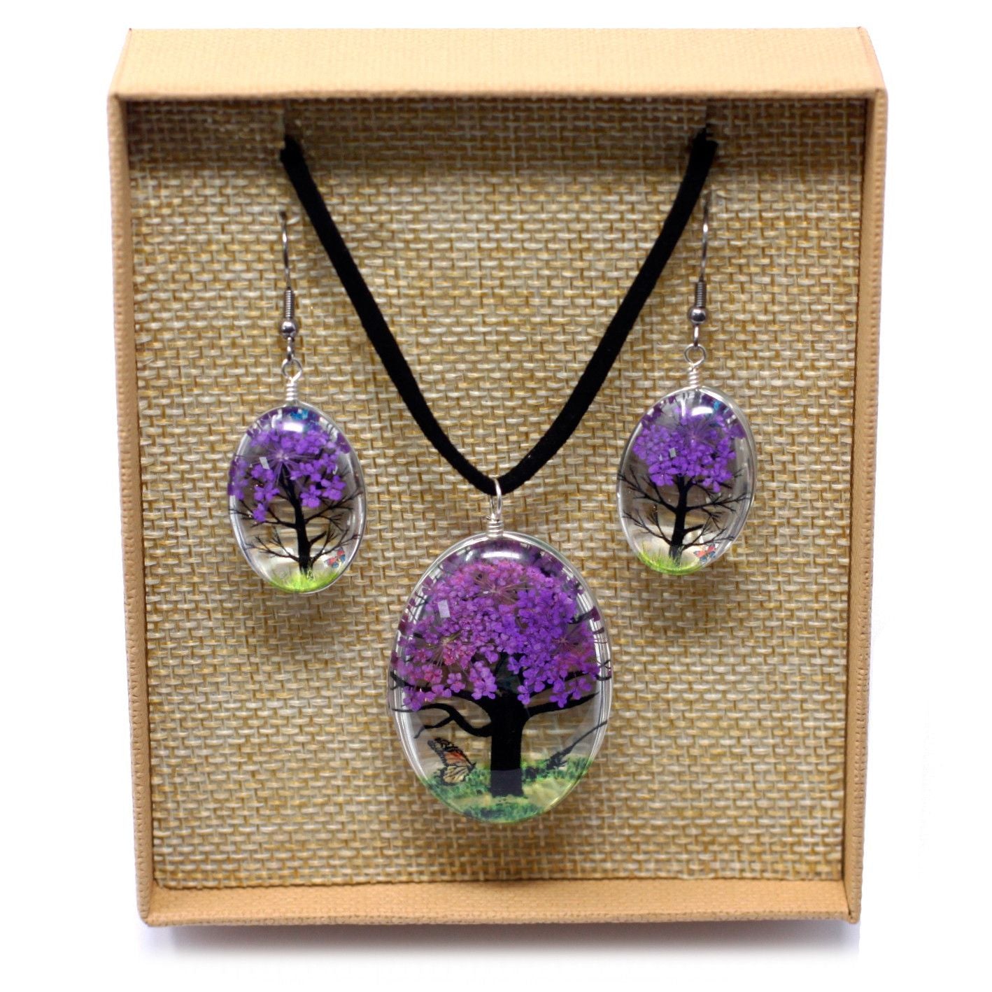 Lavender Pressed Flowers Tree of Life Set with Unique Jewellery Gift