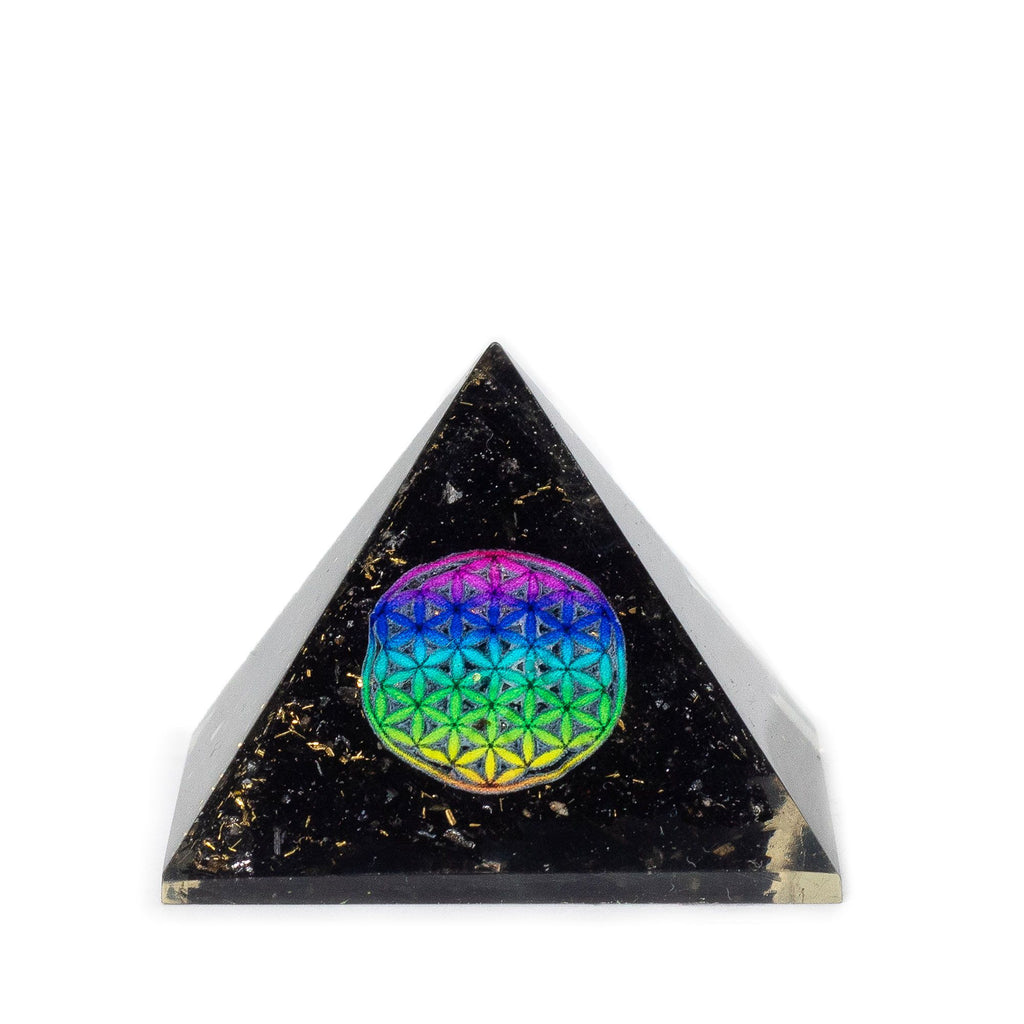 Small Organite Pyramid with Flower of Life and Black Tourmaline