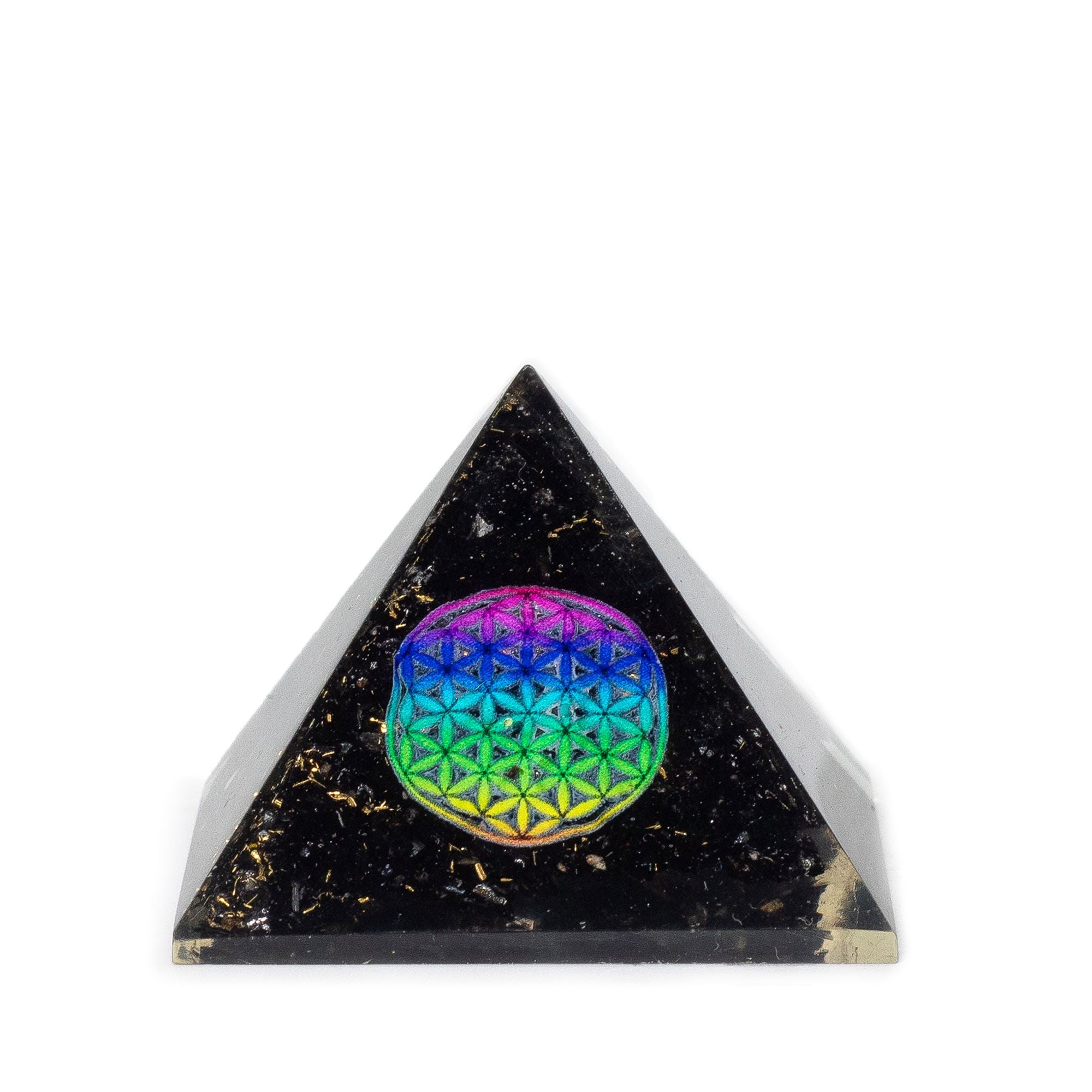 Small Organite Pyramid 5.5x4.5cm - Flower of Life - Black Tormaline Chips
