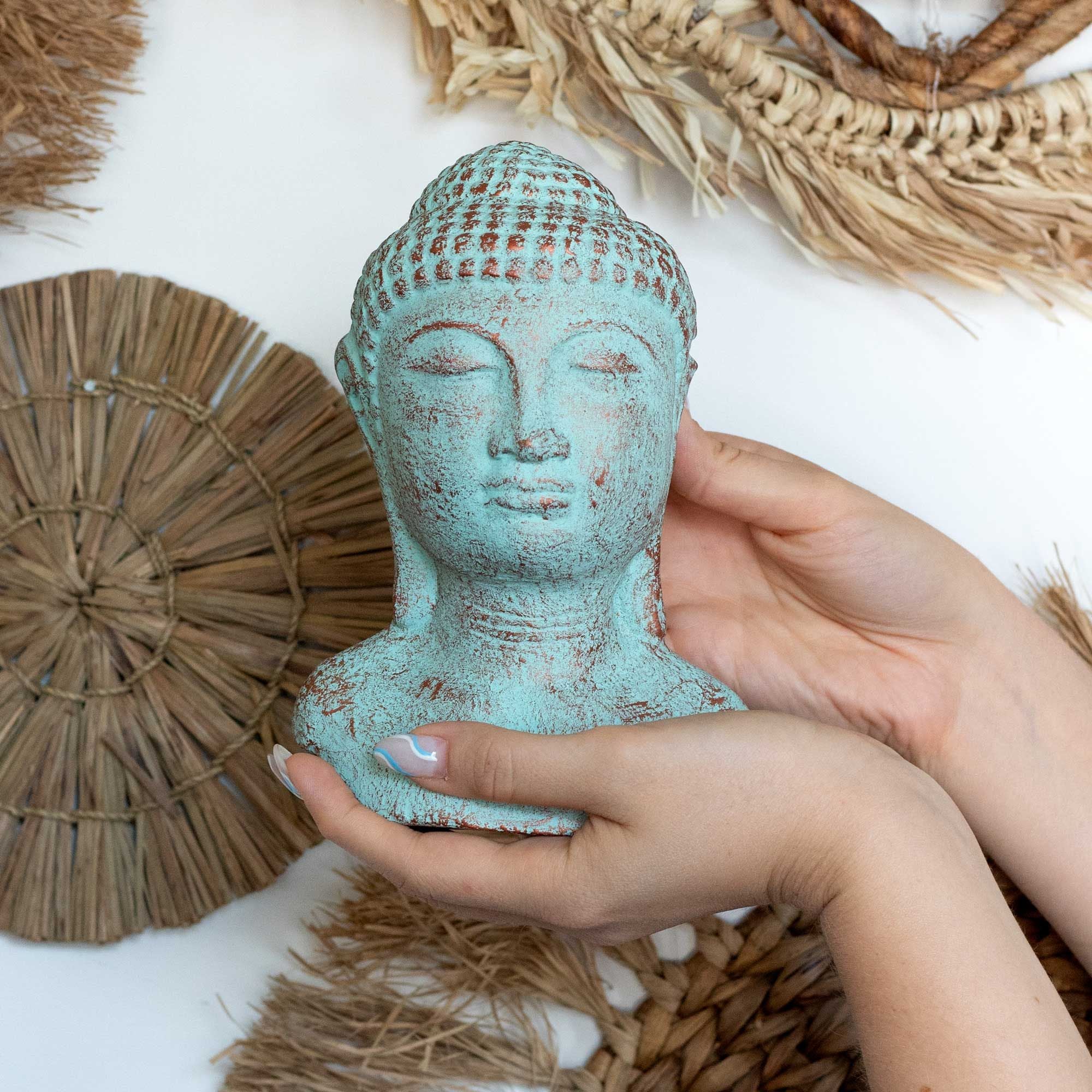 Tranquility Buddha Head Statue in Green Copper for Serene Spaces