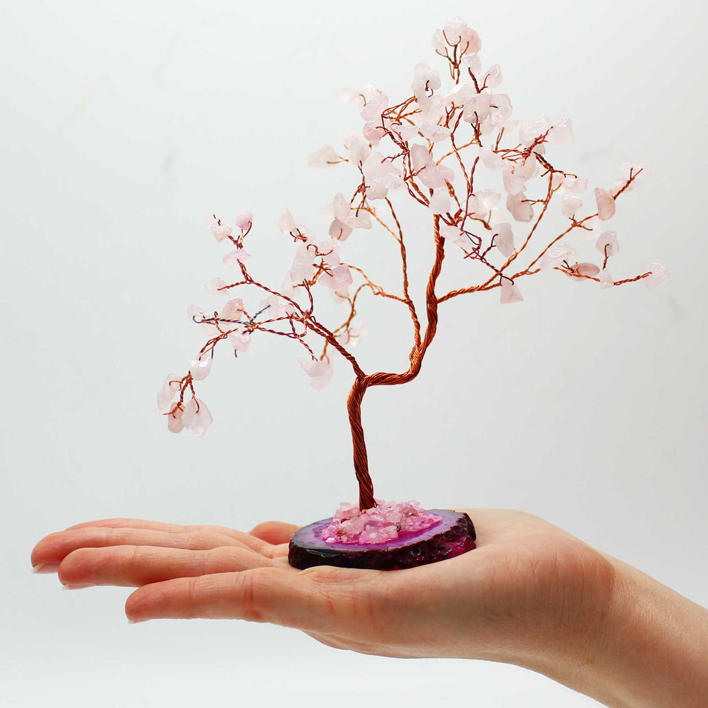 Lrg Gemstone Tree Rose Quartz on Pink Agate Base with 100 Stones