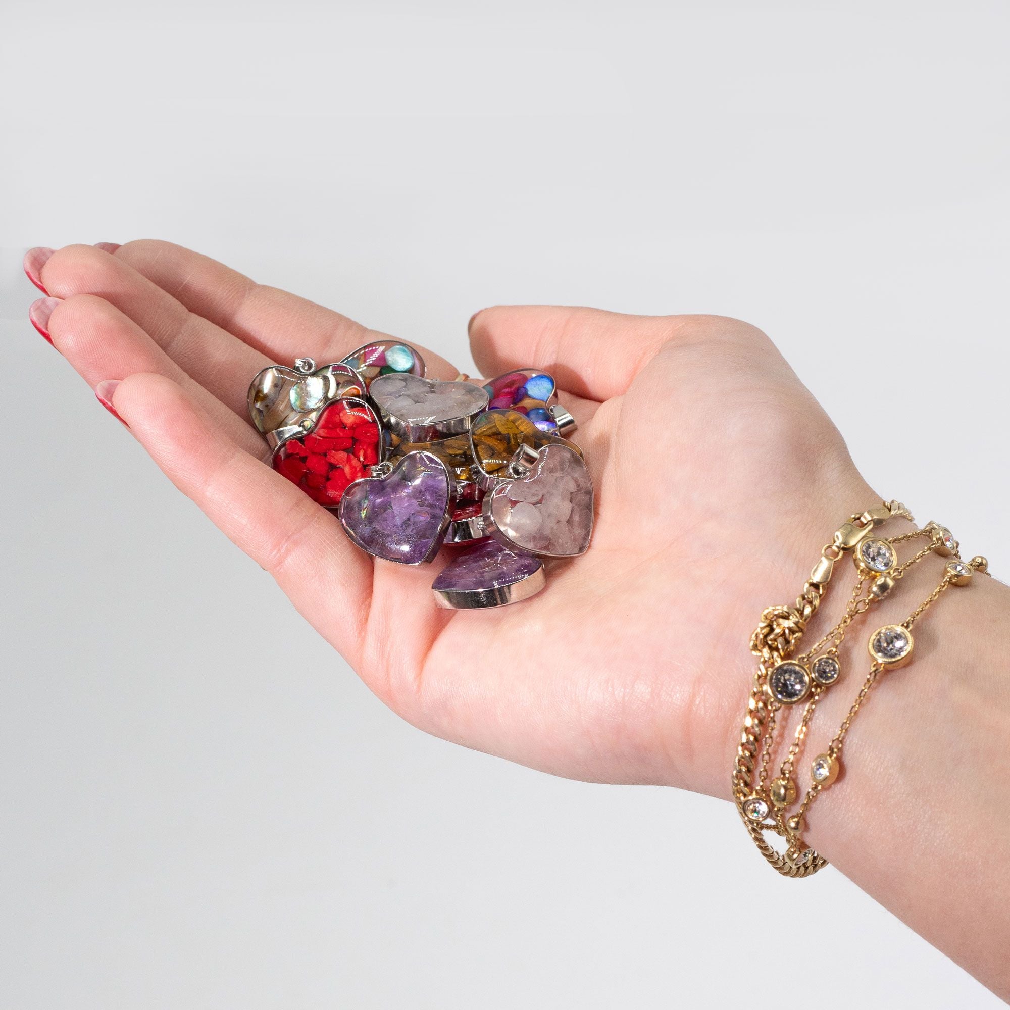 Steel Cased Pendant Hearts with 12 Assorted Gemstone Chips