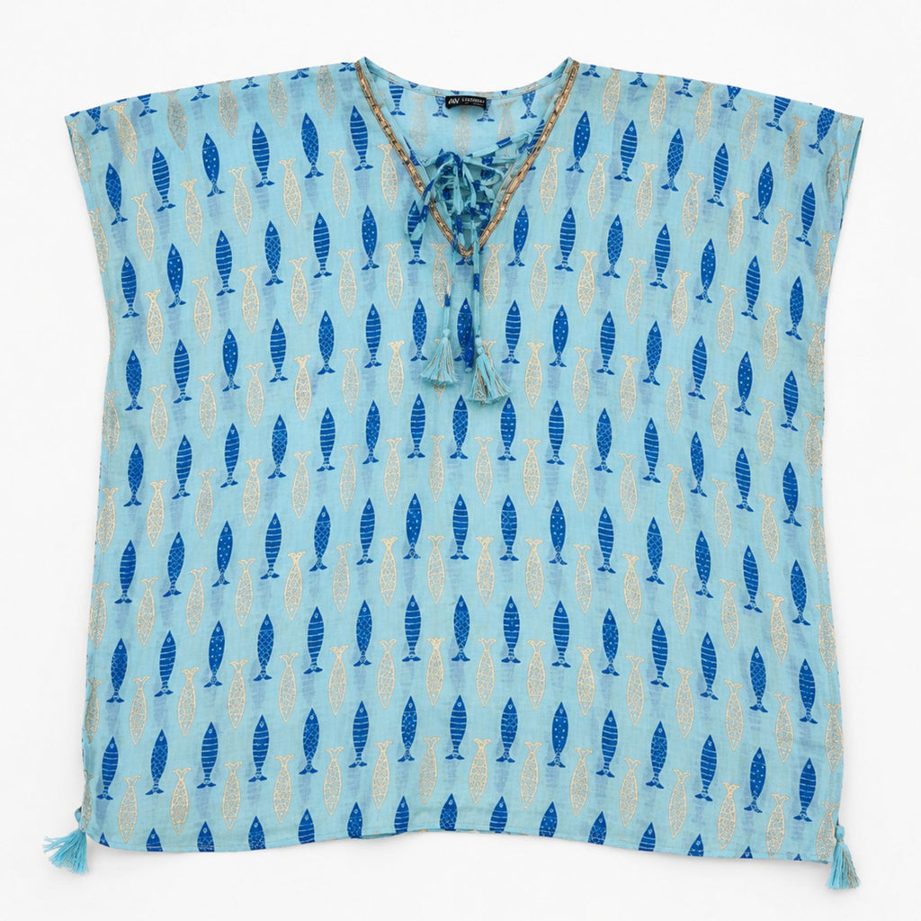 Nomad Sari Kaftan in Turquoise Blue with Bold Fish Print Design