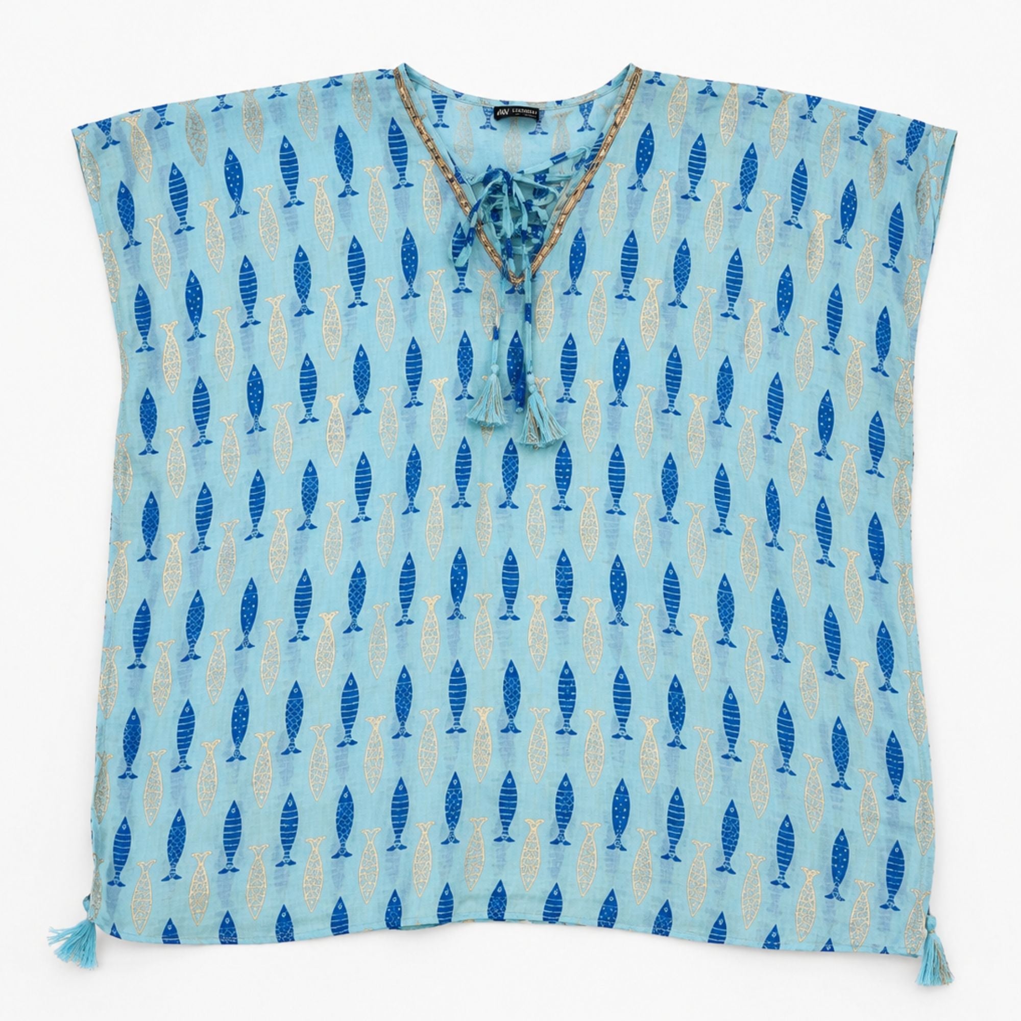 Nomad Sari Kaftan in Turquoise Blue with Bold Fish Print Design